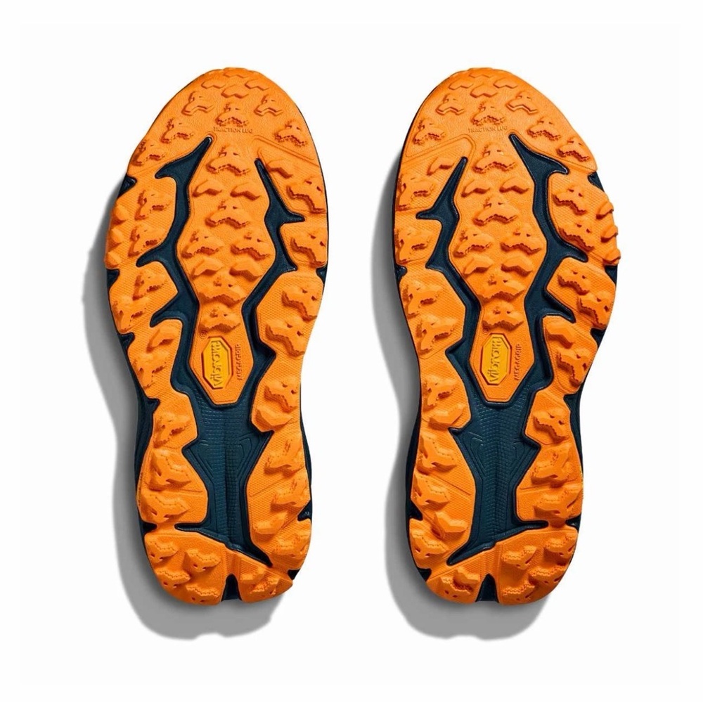 Hoka Women's Trail Runner in Coral and Yellow with Navy Accents - Picture 3 of 11